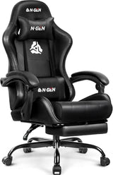 N-GEN GAMING Video Gaming Chair with Footrest Lumbar Support for Home Office High Back Recliner Height Adjustable Ergonomic Comfy Leather Computer Desk Chair (Carbon Black)