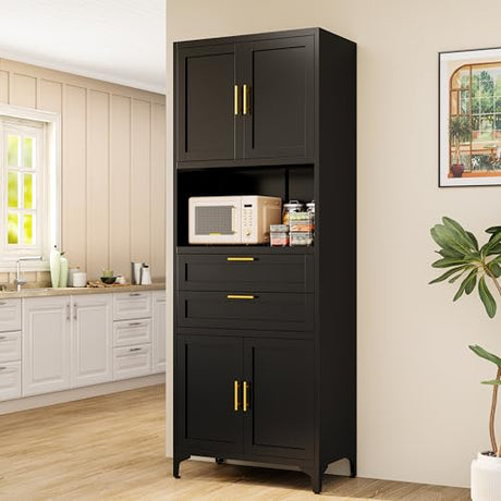 ZLBRDS 75” Tall Kitchen Pantry Storage Cabinet, Metal Storage Cabinet with 2 Drawers and Adjustable Shelves, Kitchen Pantry Cupboard, Freestanding Cupboard for Bathroom, Living Room(Black) ZLBRDS