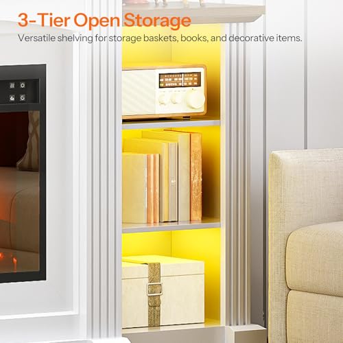 HOOBRO Electric Fireplace with Mantel, Fireplace TV Stand with Led Light, 74" Farmhouse Entertainment Center with Storage, Realistic Stacked Stone Surround and 3D Flame for Living Room, Bedroom HOOBRO