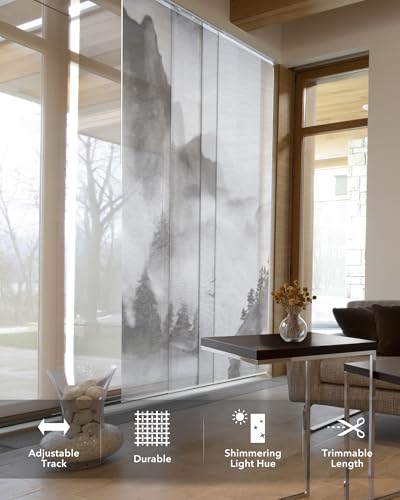 GoDear Design Deluxe Sheer Adjustable Sliding Panel Track Blind 45.8"- 86" W x 96" H, Extendable Track, Shimmering Natural Woven Fabric, Landscape Ink Wash Painting, Digital Art Prints, Shangri-La GoDear Design