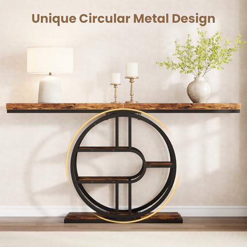 55" Industrial Narrow Entryway Table with 5-Tier Storage - Heavy-Duty o-Shaped Metal Frame Console Table for Hallway, Living Room & Couch Behind, Space-Saving Long Entrance Table for Small Spaces IDEALHOUSE