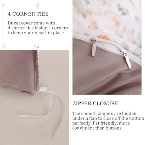 Zusbest Botanical Floral Duvet Cover Queen 100% Cotton Orange Blue Flower Patterned Bedding Beige Tan Comforter Cover with Zipper, Soft Skin-Friendly, Luxury Minimalist Wildflower Print Bed Set, 3Pcs Zusbest