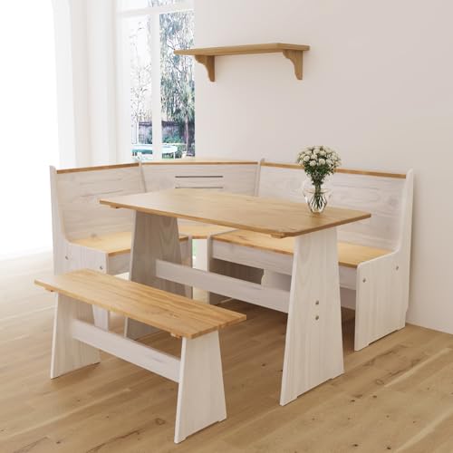 Gracava Breakfast Nook Table Set for Kitchen - White Bench Seating for Dining Room with Space Saving Solid Wood L Shaped Corner Dining Table Set Apartment for 4 to 6 People Gracava
