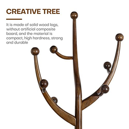 Coat Rack Freestanding Wood Tree Rack with 8 Hooks, Creative Design Tree Branch-look, Coat Tree Clothes Hanger Stand with Stable Sphere Base for Entryway, Hallway, Bedroom - Load 160lbs (Walnut Brown)