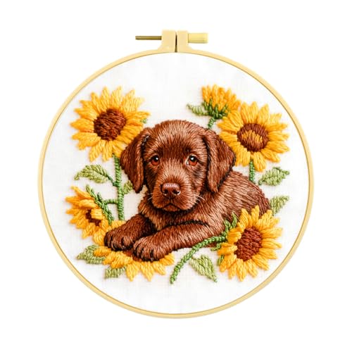 Zhenqing Labrador Embroidery Kit for Beginners, Pre-Printed 29x29cm Circular Cotton Fabric with 20cm Hoop, Cute Dog with Sunflowers Design for Home Decor (C0215)