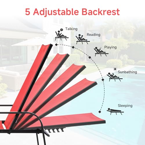 DUMOS Outdoor Lounge Chaise Set of 2 for Poolside Patio, 5-Position Aluminum Chaise with Armrest, Sun Tanning Chair 350 lbs Heavy Duty Patio Pool Chair, Waterproof Lounge for Deck,Backyard, Beach, Red