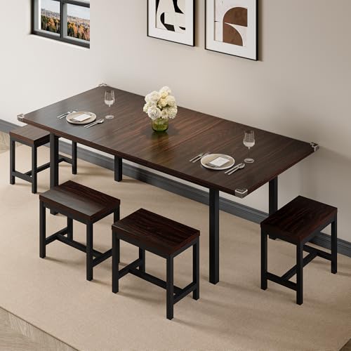 Einhomn 7-Piece Dining Table Set, 63" Extendable Kitchen Room Table with 6 Stools, Mid Century Modern Dinner Table with Metal Frame & MDF Board, Space-Saving, Easy Assembly, Espresso Einhomn