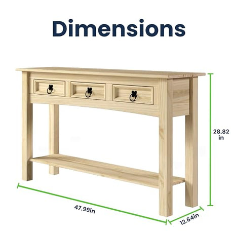Furniture Dash Solid Wood Hall Table Console 47.9" W, 12.6" D, 28.8" H - Farmhouse Entryway Table with 3 Drawers, Office Hallway Foyer, Wooden Furniture Dash