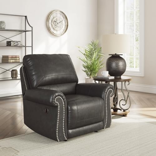 Signature Design by Ashley Chatterton Classic Faux Leather Manual Rocker Swivel Glider Recliner with Nailhead Trim, Black Signature Design by Ashley