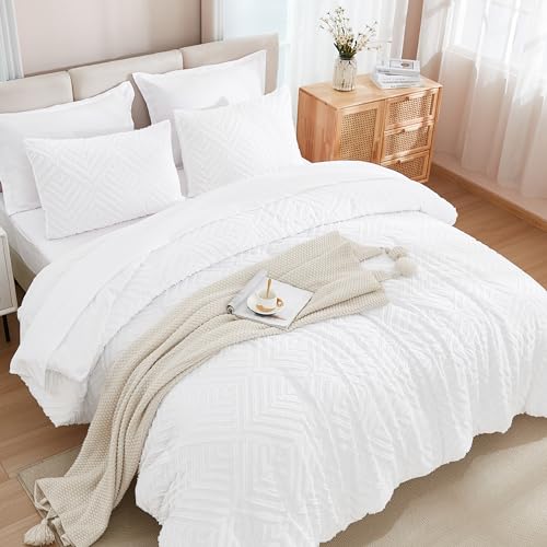 Andency White Comforter Queen Size Set with Sheets - 7 Pieces Boho Bed in a Bag Tufted Bedding Sets Lightweight All Season Bed Set with Comforter, Sheets, Pillowcases & Shams Andency
