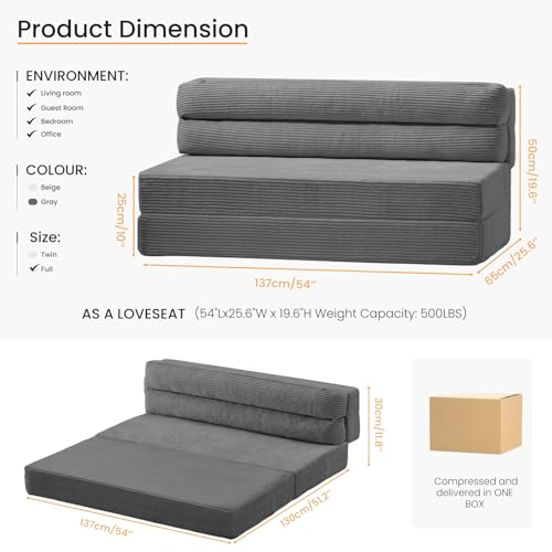 feliz home Convertible Sofa Bed with Metal Frame, Boneless Loveseat Sleeper Sofa Futon Sofa Bed Foldable Full Size Mattress for Living Room, Guest Room feliz home