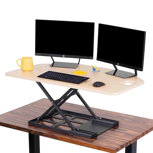 X-Elite Pro 40" Corner Standing Desk Converter with Pneumatic Lift | Adjustable Sit to Stand Riser, L-Shaped Desks & Cubicles | Fully Assembled Computer Workstation (American Maple) Stand Steady