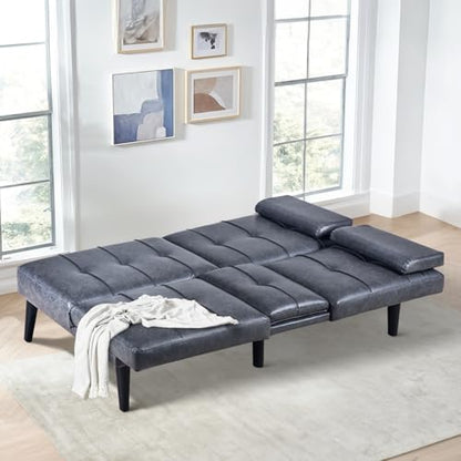 COLAMY Futon Sofa Bed-Leather Small Futon Couch, Futon Lounge Sofa, Futon Convertible with Cup Holder, Removable Armrest, Adjustable Backrest Darkgrey - WoodArtSupply