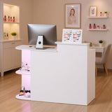 Kikihouse Modern Reception Desk & DIY Metal Strips, Front Desk with LED Light and Hidden Power Outlet, Reception Counter Table for Checkout, Office, Lobby, Nail Salon Spa (White) Kikihouse