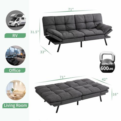 MUUEGM 71" Futon Sofa Bed, Convertible Couch Filled with Memory Foam, Modern Loveseat with Adjustable Backrest&Armrest, Sofas for Living Room,Game Room,Dormitory,Office.Grey Fabric MUUEGM