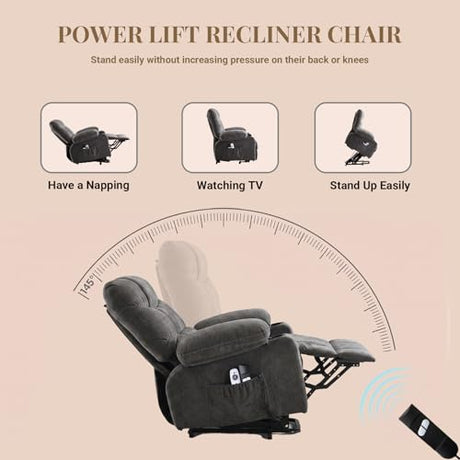 Power Lift Recliner Chair for Elderly with Lumbar Heat and Vibration Massage, Electric Lift Recliner Chair with Remote Control and USB Port,4 Storage Pockets & 2 Cup Holders for Living Room - Grey PoteSoar