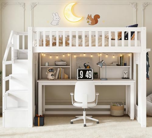Bellemave Twin Loft Bed with Stairs and Movable Desk and Shelves, Wood Loft Bed with Storage Stairs for Kids, Teens, Adults, White Bellemave