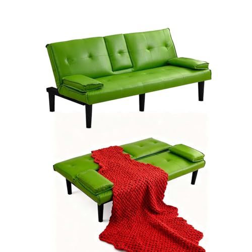 ODOLAR 67" Futon Sofa Bed,Convertible Sofa Bed with 2 Cup Holders,Sleeper Couch PVC Leather Removable Soft Armrest Small Couch for Living Room Apartments ﻿ (Green) ODOLAR
