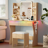 Vanity Desk with LED Lights Mirror & Power Outlet, Small Makeup Vanity Table Set with Storage Drawers & Chair, 3 Lighting Modes & Adjustable Brightness, Dressing Table for Women Girls Bedroom, Oak Xixini