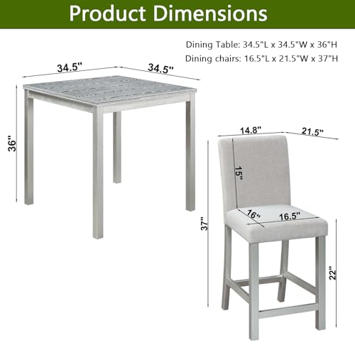 KEIKI 5-Piece Counter Height Dining Table Set with Square Table and 4 Upholstered Chair, for 4 Person, Modern Crystal Decoration Wooden Table Set, Easy Assembly, for Kitchen, Dining Room, Silver Grey KEIKI