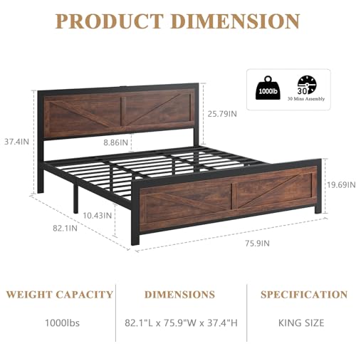 DOGIBIXO Led Bed Frame King Size with USB Charging Station, Industrial Platform Bed Frame with Farmhouse Barn Door Headboard, Strong Metal Slats Support, Noise Free, No Box Spring Needed, Brown DOGIBIXO