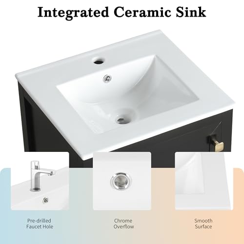 20" Bathroom Vanities with Ceramic Sink, Storage Rack Shelf and One Drawer, Solid Wood & MDF Board, Black Merax