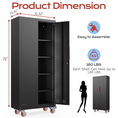 LMTC 71" H Garage Storage Cabinet with 4 Adjustable Shelves and Wheels, Lockable Metal Storage Cabinet for Garage, Home, Warehouse, Assembly Required,Black LMTC