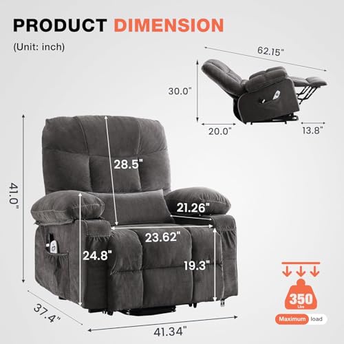 Ultra Wide Power Lift Recliner Chair for Elderly,Rotating Lounge Chair with Hot Massage Heating and Auxiliary Standing Function,Oversized Lazyboy Single Sofa with Cup Holder for Living Room (Grey) Anwick