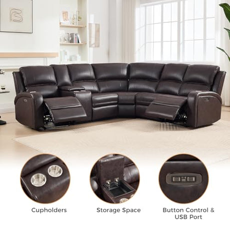 EBELLO Power Reclining Sectional Sofa with LED Light, Faux Leather Sectional Couch for Living Room, Modern Corner Furniture Sets with 2 Recliner Seats, Cup Holders, Storage Console, Brown EBELLO