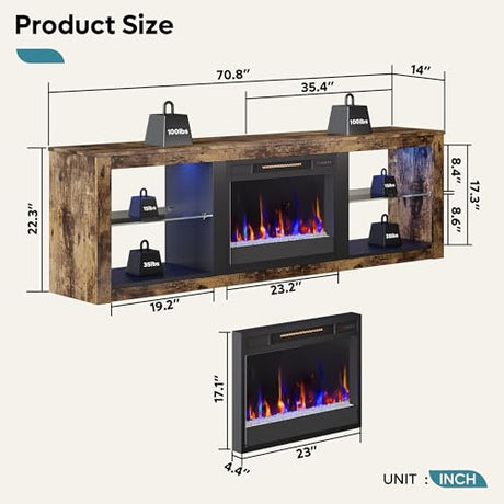 Bestier 70 Inch Fireplace TV Stand for TV up to 75", LED Entertainment Center with 23" Electric Fireplace Media Console Table for Living Room with Glass Shelves, Rustic Brown Bestier