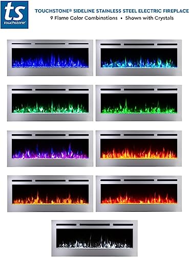 Touchstone Sideline Deluxe -Stainless Steel Smart Electric Fireplace- 60" Wide- Alexa/WiFi-Enabled- in Wall Recessed- 5 Flame Settings- 9 Flame Colors- 1,500W Heater- Log & Crystal Options- 86277 Touchstone
