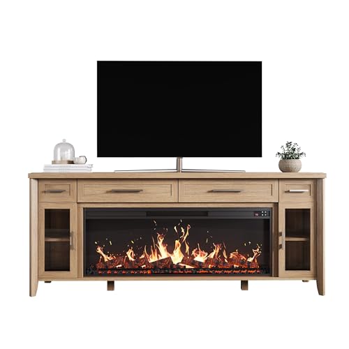 BELLEZE 74 Inch Rustic TV Stand with 48" Electric Fireplace, Extra Large Entertainment Center with Storage Cabinets & 4 Drawers, Media Console Table for Living Room Bedroom (Camel) BELLEZE