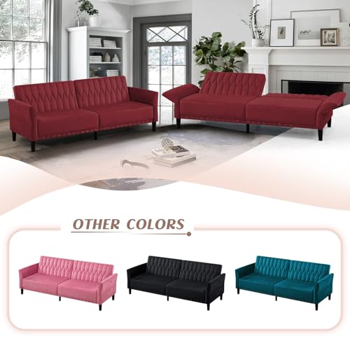 Lesofair 77” Velvet Sofa Bed with Adjustable Armrests and Backrests,Tufted Convertible Futon Couch with Nailhead Trim, Loveseat Modern Velvet Sleeper Sofa for Living Room,Bedroom,Office, Red Lesofair