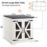 JXQTLINGMU Farmhouse End Table, 24" Large Sofa Side Table with Charging Station, Mesh Barn Door, and Adjustable Storage Shelf, Rustic Wood Square Nightstand for Living Room, Bedroom, Office, White JXQTLINGMU