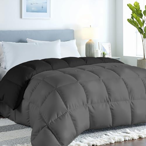 ROYALE LINENS Reversible Comforter - Twin XL Duvet Insert - All Season Soft Quilted Comforters with 8 Corner Tabs - Down Alternative Bedding Comforter - Duvet Insert (Black/Charcoal, Twin XL 68"x92") ROYALE LINENS