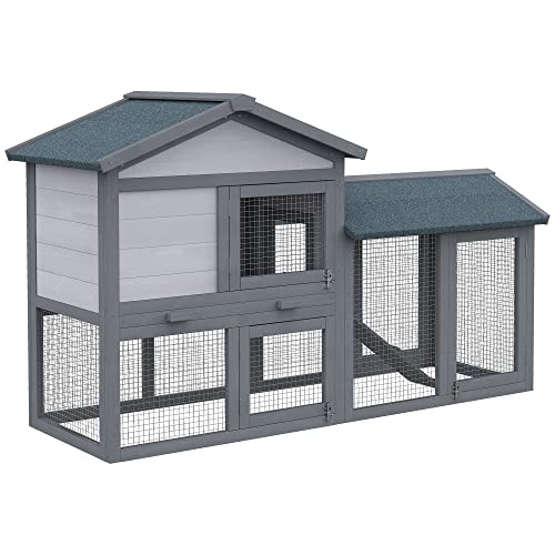 PawHut 58" Rabbit Hutch, Wooden Bunny Hutch, Guinea Pig Cage, Small Animal Enclosure with Run Area, Removable Tray, Asphalt Roof, Lockable Doors and Ramp, Dark Gray - WoodArtSupply