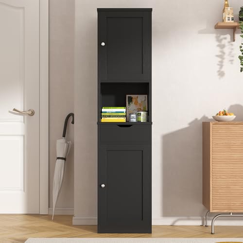 Vongrasig Tall Bathroom Storage Cabine, 64”H Freestanding Storage Pantry Cabinet, Narrow Cabinet with Adjustable Shelves, Open compartments for Small Spaces, Bathroom, Living Room, Kitchen, Black Vongrasig
