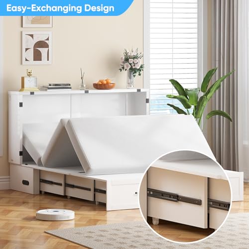 Mjkone Queen Size Murphy Bed Cabinet with Drawers & Tri-Folding Mattress, Modern Multifunctional Guest Chest Cabinet Wall Bed with USB Charging Station for Bedroom Living Room Apartment - White Mjkone