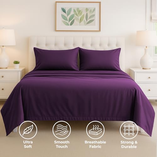Pure Bedding Bed Sheets - Full Sheet Set [4-Piece, Purple] - Hotel Luxury 1800 Brushed Microfiber - Soft and Breathable - Deep Pocket Fitted Sheet, Flat Sheet, Pillow Cases Pure Bedding