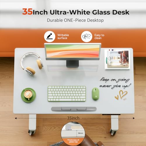 Liftsync 35inch Glass Standing Desk，90° Tiltable Mobile Rising Desk Height Adjustable，Whole Piece Rolling Drafting/DrawingTable with Wheels，Foldable Small Laptop Art Desk，White Liftsync