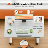 Liftsync 35inch Glass Standing Desk，90° Tiltable Mobile Rising Desk Height Adjustable，Whole Piece Rolling Drafting/DrawingTable with Wheels，Foldable Small Laptop Art Desk，White Liftsync