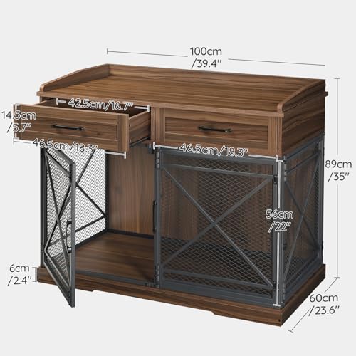 HOOBRO Heavy Duty Dog Crate Furniture, 39.4” Dog Kennel with Drawers, Wooden Dog Cage Indoor Side End Table for Medium Large Dogs, Triple Door Design, Walnut and Black WL106GW03 HOOBRO