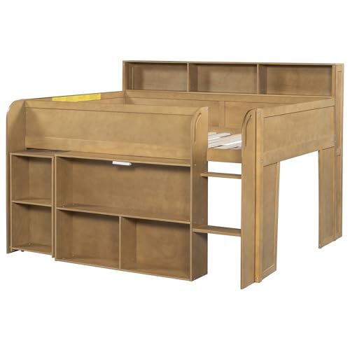 SOFTSEA Full Size Low Loft Bed with Desk & Storage, Solid Wood Kids Loft Bed with Portable Desk, Storage Bookshelves & LED Lights for Kids Juniors Boys Girls, Walnut SOFTSEA