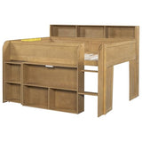SOFTSEA Full Size Low Loft Bed with Desk & Storage, Solid Wood Kids Loft Bed with Portable Desk, Storage Bookshelves & LED Lights for Kids Juniors Boys Girls, Walnut SOFTSEA