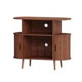 LSHUIZHU Mid Century Modern Record Player Stand with Storage - Large Round Vinyl Storage Cabinet Holds 150+ Records, Turntable Media Console with Fluted Display Shelf for Living Room Bedroom(Walnut) LSHUIZHU