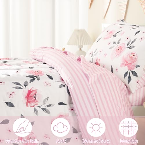PHF 4 Piece Toddler Bedding Set, Ultra Soft Toddler Comforter Sets Include Comforter, Fitted Sheet, Flat Top Sheet and Pillowcase for Girls, Floral Bed in A Bag for Baby Bedroom, Floral PHF