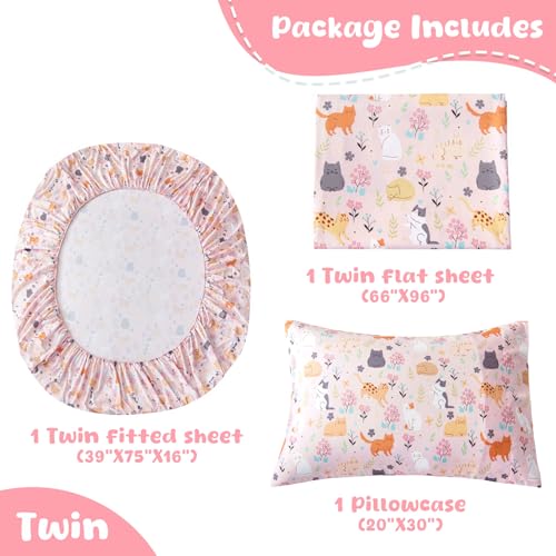 Swiftify Twin Sheet Set for Kids Girls, 3-Piece Bed Sheet Set for Toddler, Soft Brushed Microfiber Bedding, Deep Pocket, Wrinkle & Fade Resistant, Cute Cats Swiftify