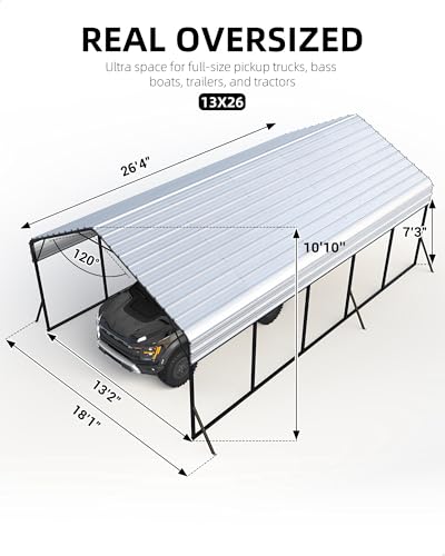 GarveeLife 13 ft x26 ft x11 ft Oversized Metal Carport, Steel Heavy Duty Car Ports for All-Weather, Tall Carport for Full-Size Pickup Trucks, Boats, and Tractors, N.W. 780 LBS GarveeLife