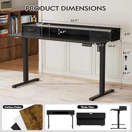 Furmax Electric Standing Desk with Drawers, Stand Up Desk with Storage Shelf Height Adjustable Computer Desk with Organizer for Home Office Ergonomic (Black, 55 Inch) Furmax