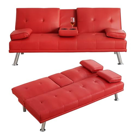 ODOLAR 70" Futon Sofa Bed,Multifunctional Convertible Folding Futon Sofa Bed with Coffee Table, 3 Adjustable Reclining Sleeper Sofa, Small Leather Couch for Living Room/Bedroom Small Spaces (Red) ODOLAR